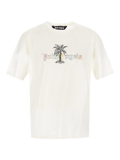 Shop Palm Angels Logo Linen Collar T-shirt In White