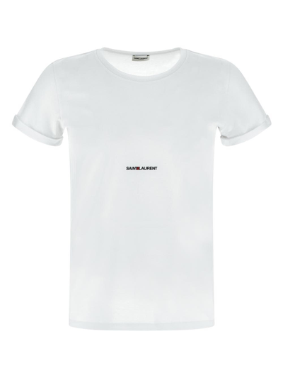 Shop Saint Laurent Logo Cotton T-shirt In White