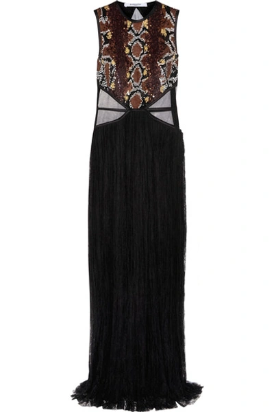 Givenchy Tulle-paneled Sequin-embellished Chantilly Lace Gown In Black