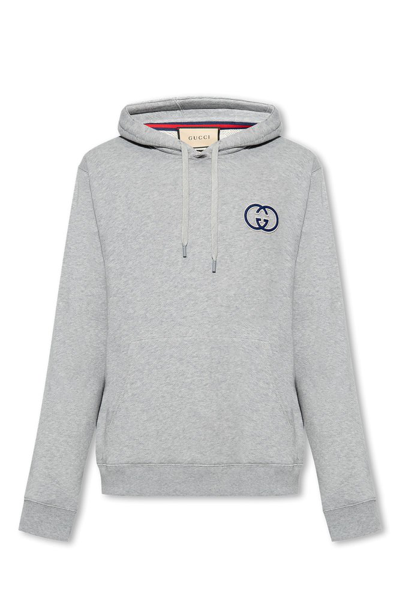 Shop Gucci Gg Logo Embroidered Hoodie In Grey
