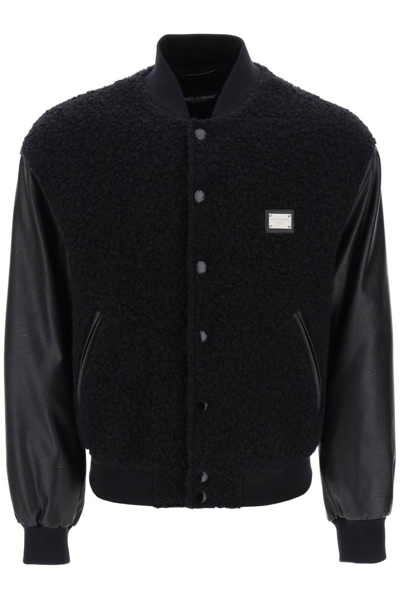 Shop Dolce & Gabbana Logo Plaque Teddy Bomber Jacket In Black