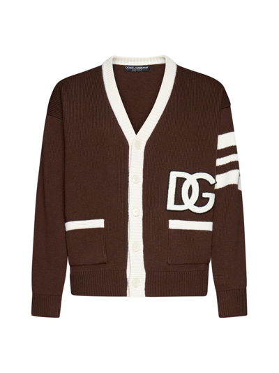 Shop Dolce & Gabbana Dg Logo Knitted Cardigan In Brown