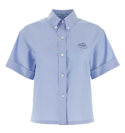 Shop Prada Logo Printed Buttoned Shirt In Blue