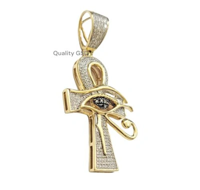 Pre-owned Quality Gold Real Diamond Evil Eye Ankh Cross Charm Pendant 10k Yellow Gold 0.33 Ct 1.9" Mens