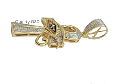 Pre-owned Quality Gold Real Diamond Evil Eye Ankh Cross Charm Pendant 10k Yellow Gold 0.33 Ct 1.9" Mens