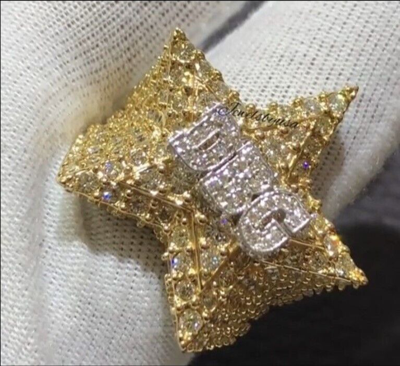 Pre-owned Nsg 2.5 Ct Natural Moissanite Dj Party Star Ring For Men's Yellow Gold Plated Silver In White