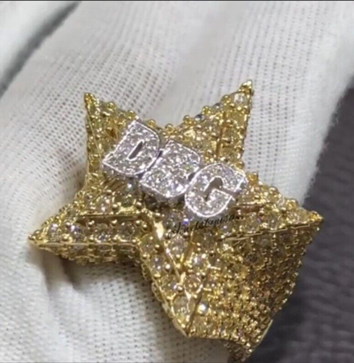Pre-owned Nsg 2.5 Ct Natural Moissanite Dj Party Star Ring For Men's Yellow Gold Plated Silver In White