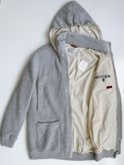 Pre-owned Brunello Cucinelli Gray 100% Cashmere Hooded Bomber Cardigan Jacket 54 Euro Xl