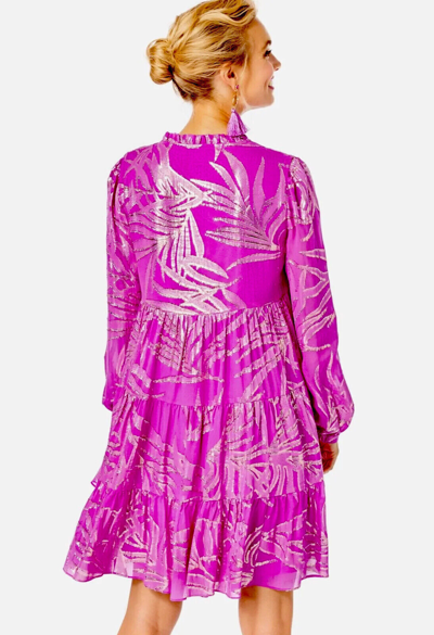 Pre-owned Lilly Pulitzer Sarita Silk Dress Fuchsia Palm Leaf Silk $298 Size 14,16 In Pink