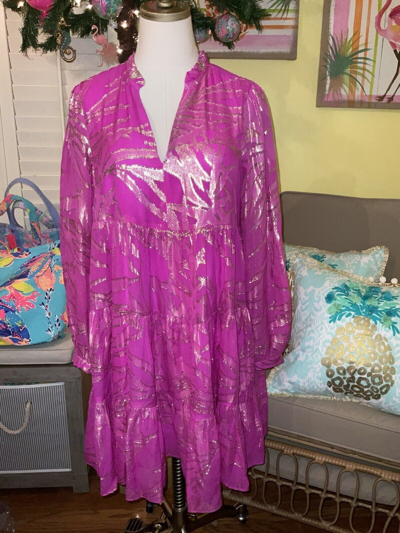 Pre-owned Lilly Pulitzer Sarita Silk Dress Fuchsia Palm Leaf Silk $298 Size 14,16 In Pink