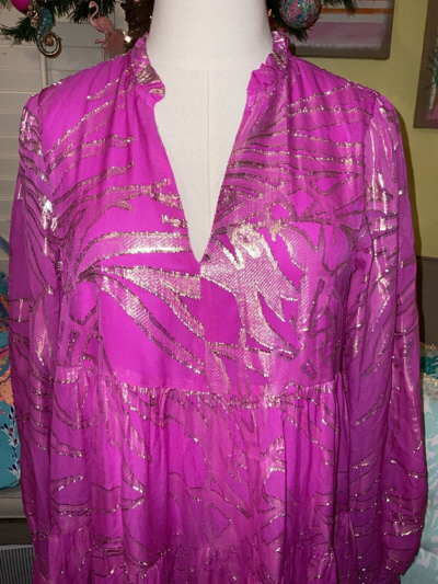 Pre-owned Lilly Pulitzer Sarita Silk Dress Fuchsia Palm Leaf Silk $298 Size 14,16 In Pink