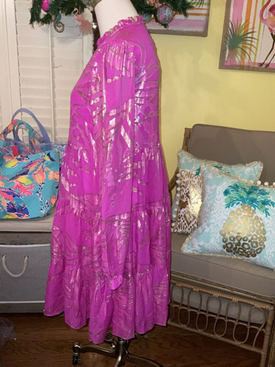 Pre-owned Lilly Pulitzer Sarita Silk Dress Fuchsia Palm Leaf Silk $298 Size 14,16 In Pink