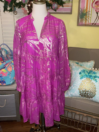 Pre-owned Lilly Pulitzer Sarita Silk Dress Fuchsia Palm Leaf Silk $298 Size 14,16 In Pink
