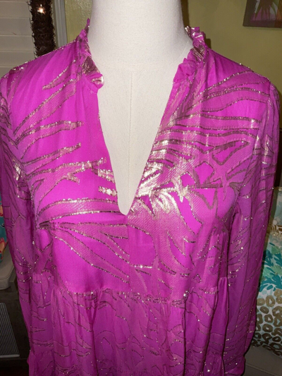 Pre-owned Lilly Pulitzer Sarita Silk Dress Fuchsia Palm Leaf Silk $298 Size 14,16 In Pink