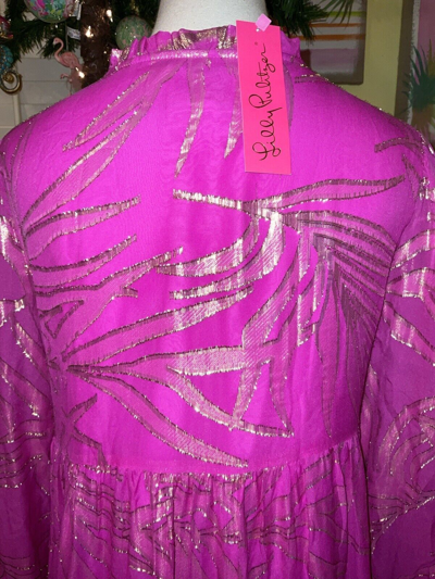 Pre-owned Lilly Pulitzer Sarita Silk Dress Fuchsia Palm Leaf Silk $298 Size 14,16 In Pink