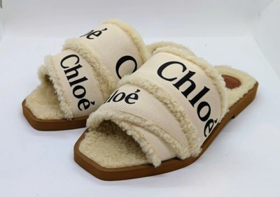 Pre-owned Chloé Chloe Woody Womens Shearling Logo Print Slide Sandals In White