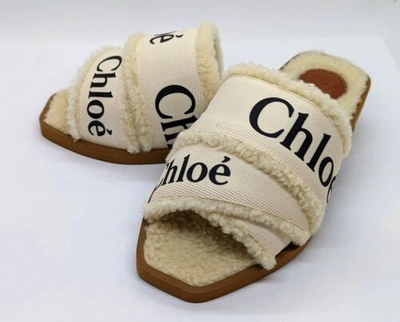 Pre-owned Chloé Chloe Woody Womens Shearling Logo Print Slide Sandals In White