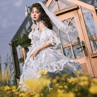 Pre-owned Lolita Jsk  Dress Light Blue Ruffle Lace Women Dress Kawaii Dress Cosplay Bowknot