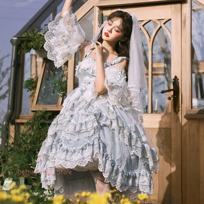 Pre-owned Lolita Jsk  Dress Light Blue Ruffle Lace Women Dress Kawaii Dress Cosplay Bowknot