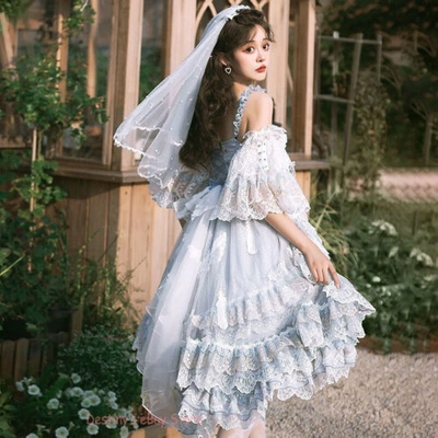 Pre-owned Lolita Jsk  Dress Light Blue Ruffle Lace Women Dress Kawaii Dress Cosplay Bowknot