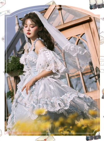 Pre-owned Lolita Jsk  Dress Light Blue Ruffle Lace Women Dress Kawaii Dress Cosplay Bowknot