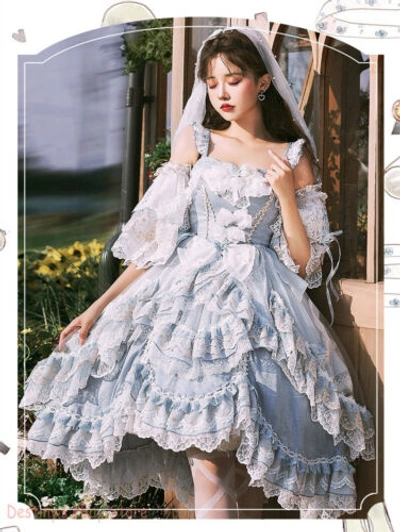 Pre-owned Lolita Jsk  Dress Light Blue Ruffle Lace Women Dress Kawaii Dress Cosplay Bowknot