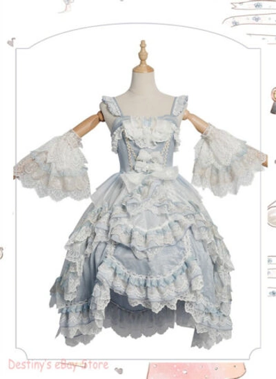 Pre-owned Lolita Jsk  Dress Light Blue Ruffle Lace Women Dress Kawaii Dress Cosplay Bowknot