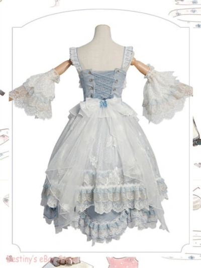 Pre-owned Lolita Jsk  Dress Light Blue Ruffle Lace Women Dress Kawaii Dress Cosplay Bowknot
