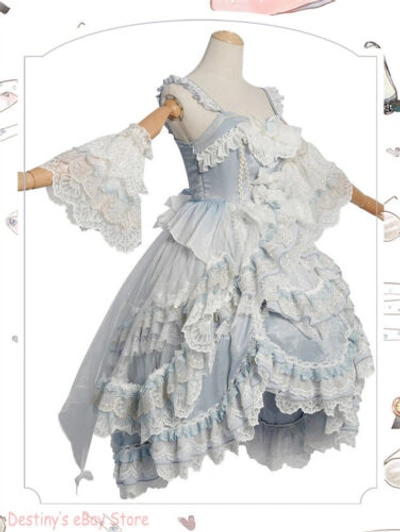 Pre-owned Lolita Jsk  Dress Light Blue Ruffle Lace Women Dress Kawaii Dress Cosplay Bowknot