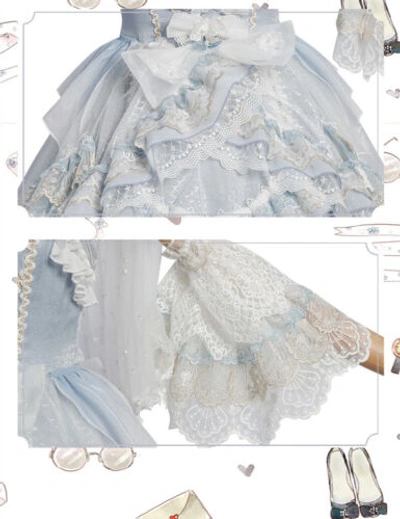 Pre-owned Lolita Jsk  Dress Light Blue Ruffle Lace Women Dress Kawaii Dress Cosplay Bowknot