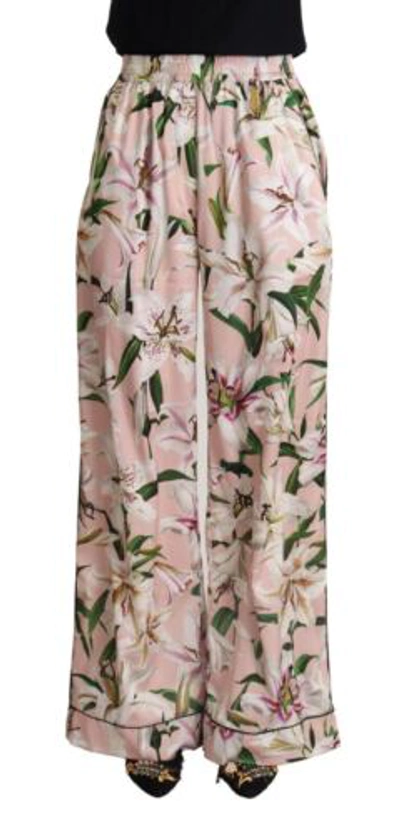 Pre-owned Dolce & Gabbana Dolce&gabbana Women Pink Pants Polyester Lilies Print Wide Leg Casual Trousers