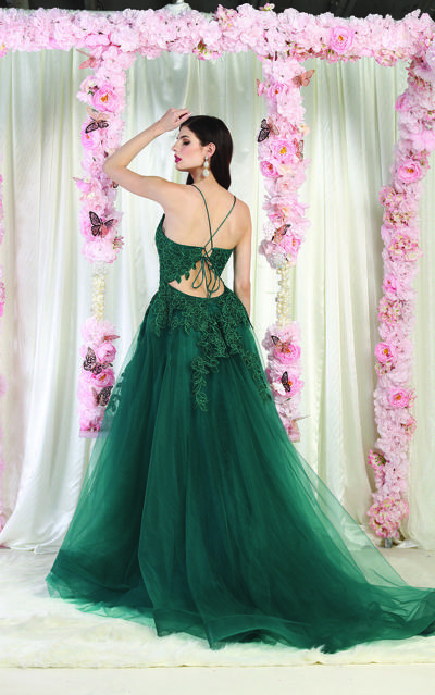 Pre-owned Designer May Queen Mq2013 Corset Floral Applique Formal Gown In Burgundy, Dusty Blue, Hunter Green, Red, Royal Blue