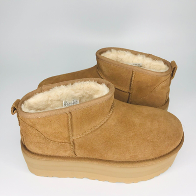 Pre-owned Ugg Classic Ultra Mini Platform Chestnut Fur Suede Ankle Boots Women's In Brown