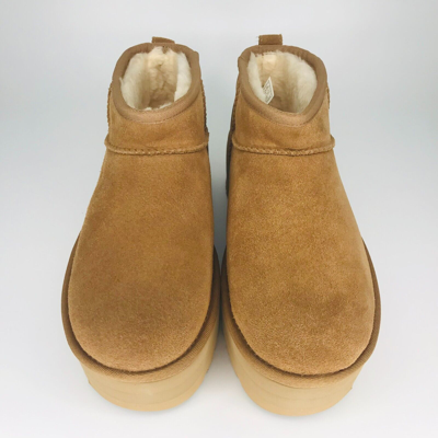 Pre-owned Ugg Classic Ultra Mini Platform Chestnut Fur Suede Ankle Boots Women's In Brown