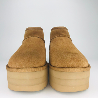 Pre-owned Ugg Classic Ultra Mini Platform Chestnut Fur Suede Ankle Boots Women's In Brown