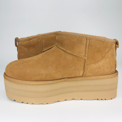 Pre-owned Ugg Classic Ultra Mini Platform Chestnut Fur Suede Ankle Boots Women's In Brown