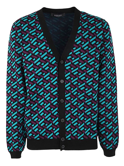 Shop Versace The Greek Knit Sweater Cardigan Clothing In Blue