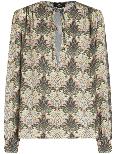Etro Paisley-print Front-tie Blouse In Neutrals