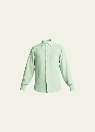 Shop Loro Piana Men's Andre Dyed Linen Shirt In Pool Green