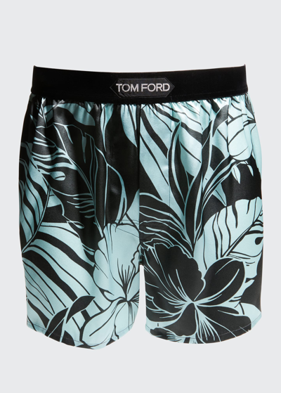 Shop Tom Ford Men's Tropical Floral Print Silk Boxers In Aqua Dark Green