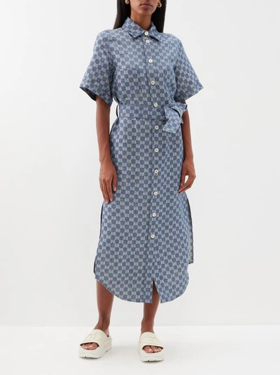 GG linen jacquard dress in blue and ivory