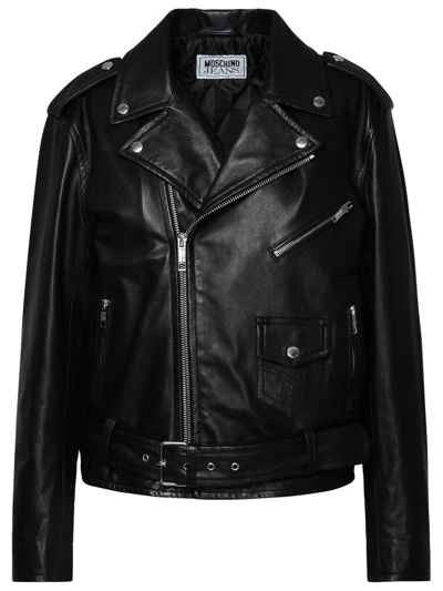 Shop Moschino Jeans Zipped Leather Biker Jacket In Black