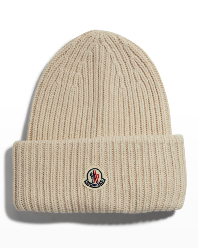 Shop Moncler Men's English Rib Beanie Hat In Beige