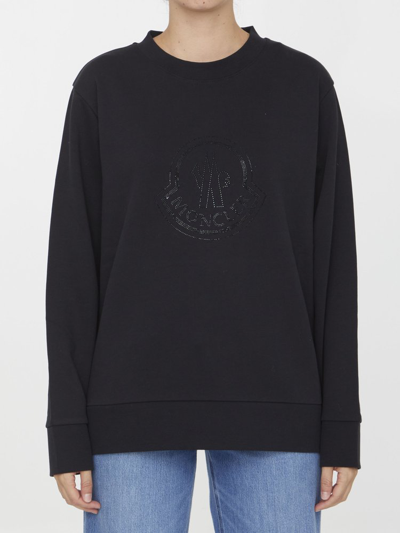 Shop Moncler Embellished Logo Crewneck Sweatshirt In Black