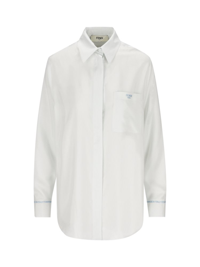 Shop Fendi Long Sleeved Drop Shoulder Shirt In Blue
