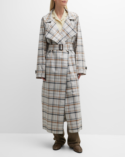 Shop Loro Piana Check Linen Belted Long Trench Coat In F4ip Madras Mix B