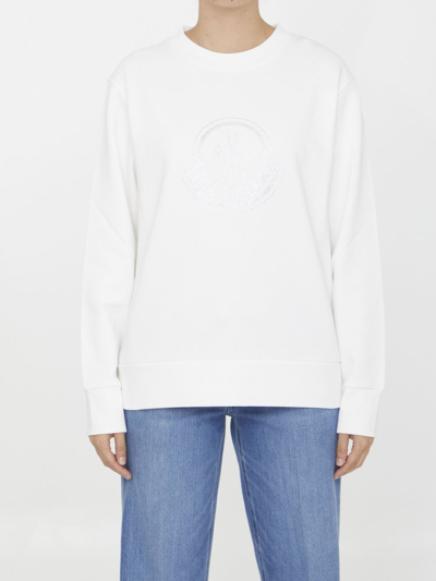 Shop Moncler Embellished Logo Crewneck Sweatshirt In White