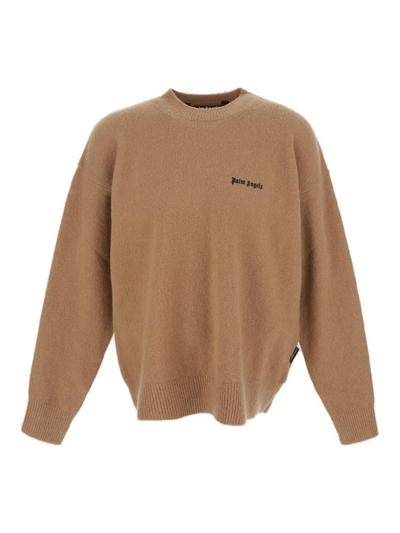 Shop Palm Angels Logo Embroidered Knitted Jumper In Brown