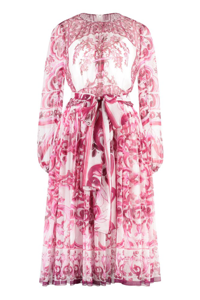 Shop Dolce & Gabbana Majolica Printed Chiffon Midi Dress In Pink