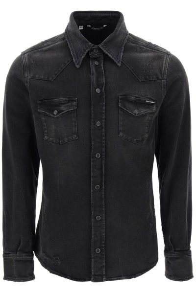 Shop Dolce & Gabbana Distressed Denim Buttoned Shirt In Black